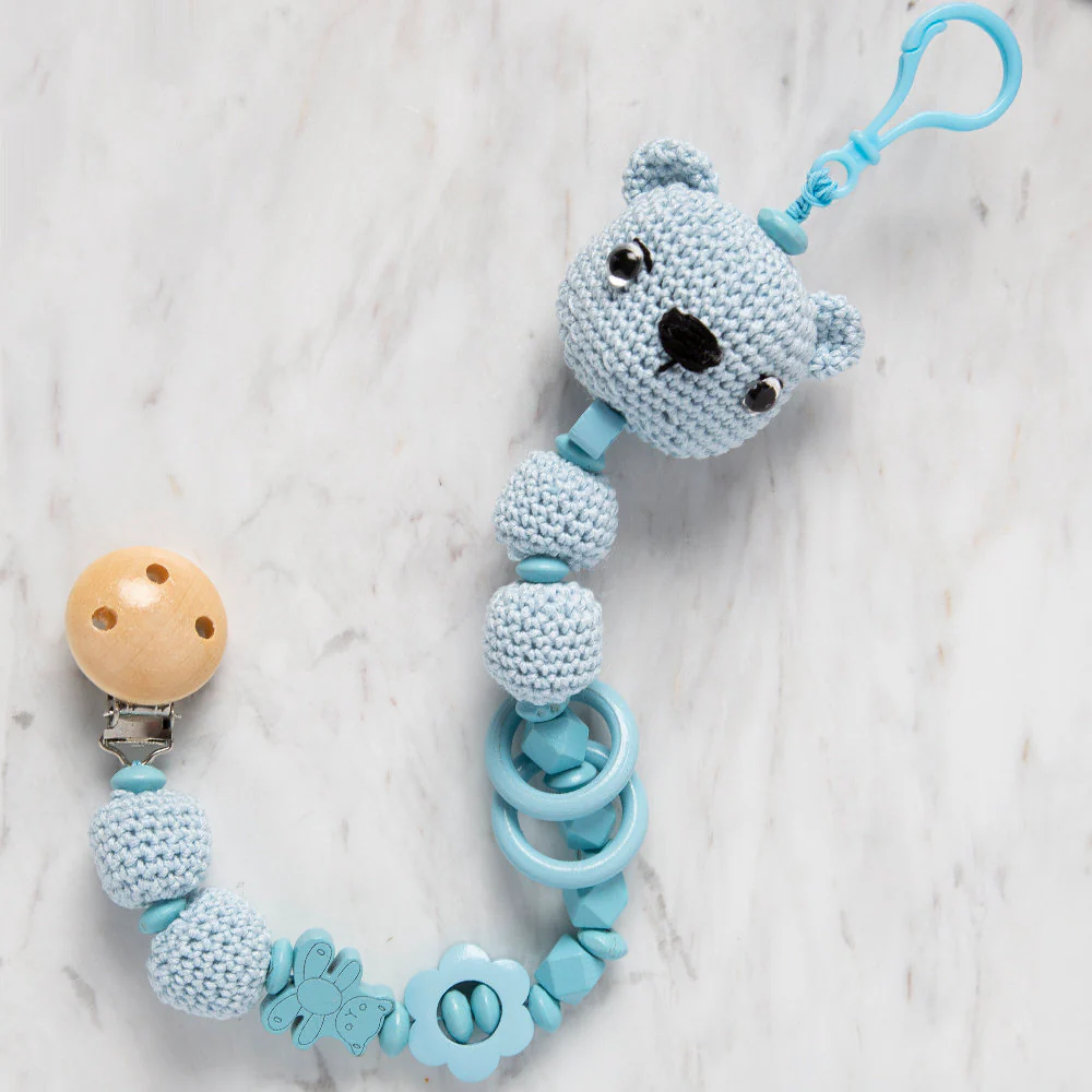 Loren 25 mm Wooden Bear Head Round Bead, White With Blue Ear - Image 2