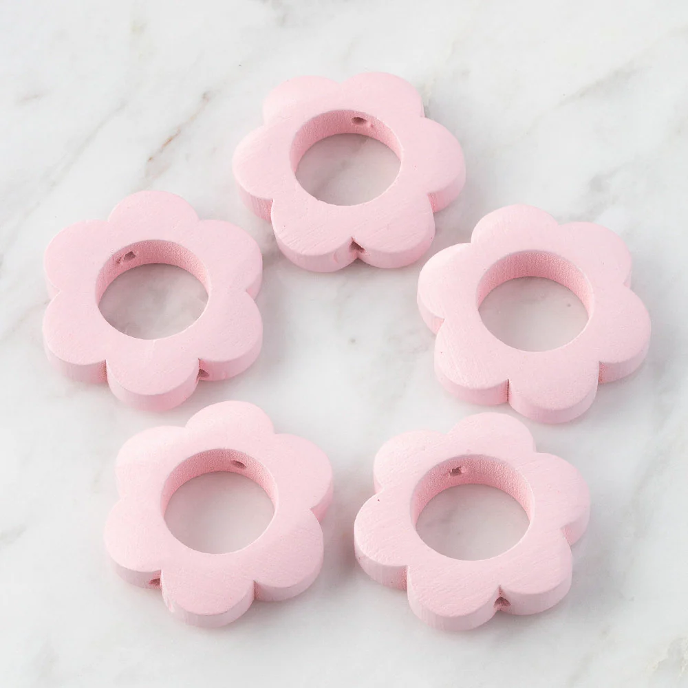 Loren 5 Pcs Diasy Shaped Wooden Bead, Pink