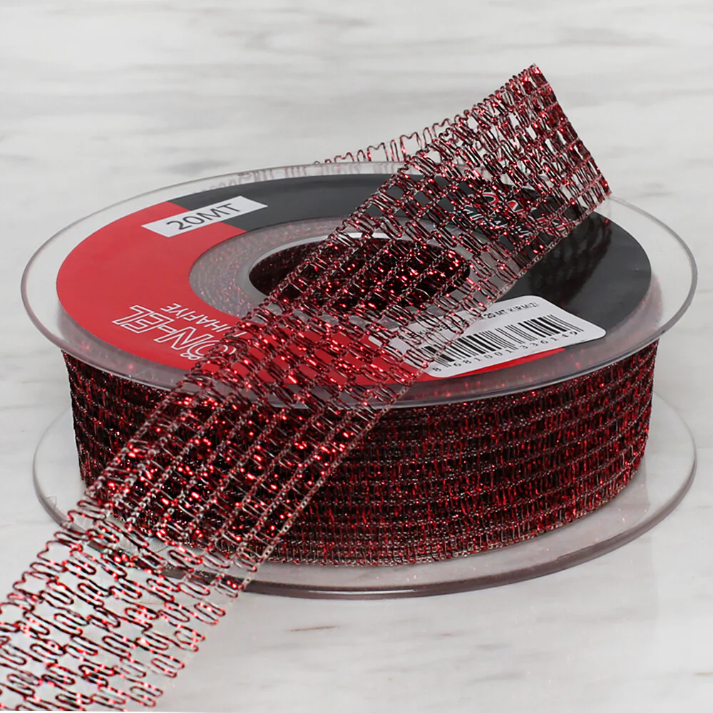 Önel 2.5 cm 20 m Mesh Ribbon, Red