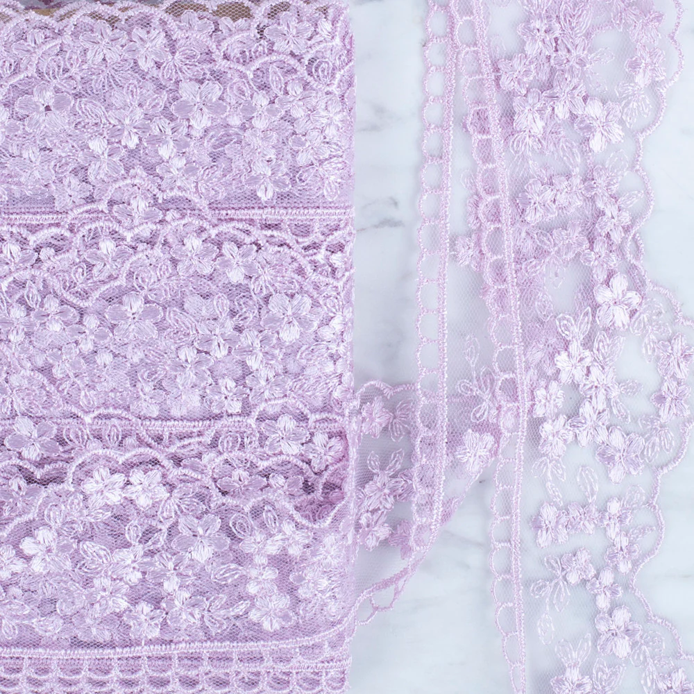 Önel Lace Ribbon, 5 cm, Lilac, Flower Patterned - 3406 - Image 2