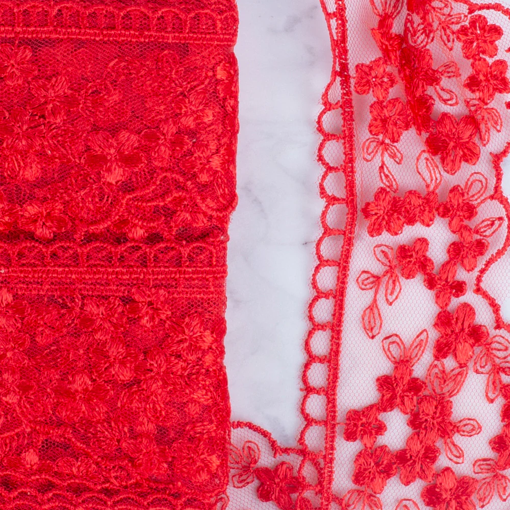Önel Lace Ribbon, 5 cm, Red, Flower Patterned - 3406 - Image 2