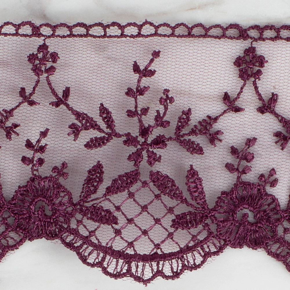 Önel Lace Ribbon, 6 cm, Aubergine, Flower Patterned - 61