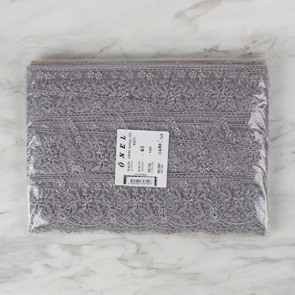 Önel Lace Ribbon, 6 cm, Grey, Flower Patterned - 61 - Image 3