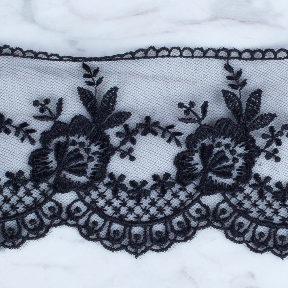 Önel Lace Ribbon, 7 cm, Black, Flower Patterned - 67