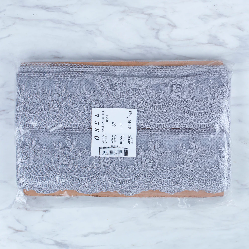 Önel Lace Ribbon, 7 cm, Grey, Flower Patterned - 67 - Image 3