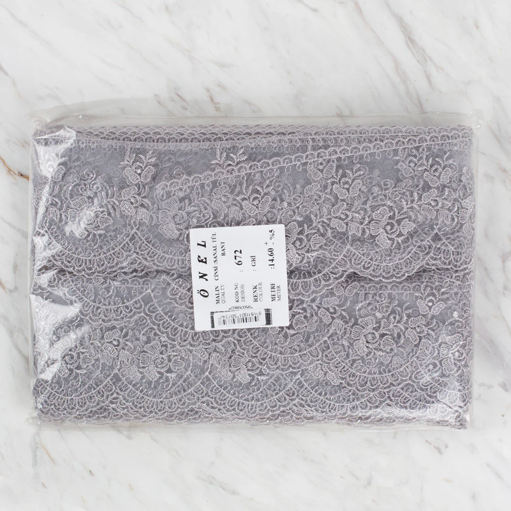 Önel Lace Ribbon, 9 cm, Grey, Flower Patterned - 672 - Image 3