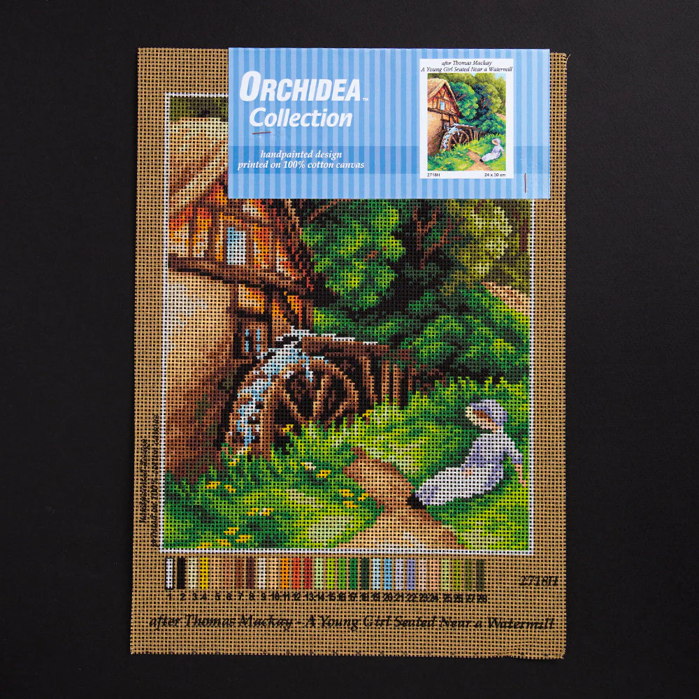 Orchidea 24x30cm Printed Gobelin, Thomas Mackay - A Young Girl Seated Near a Watermill - 2718H