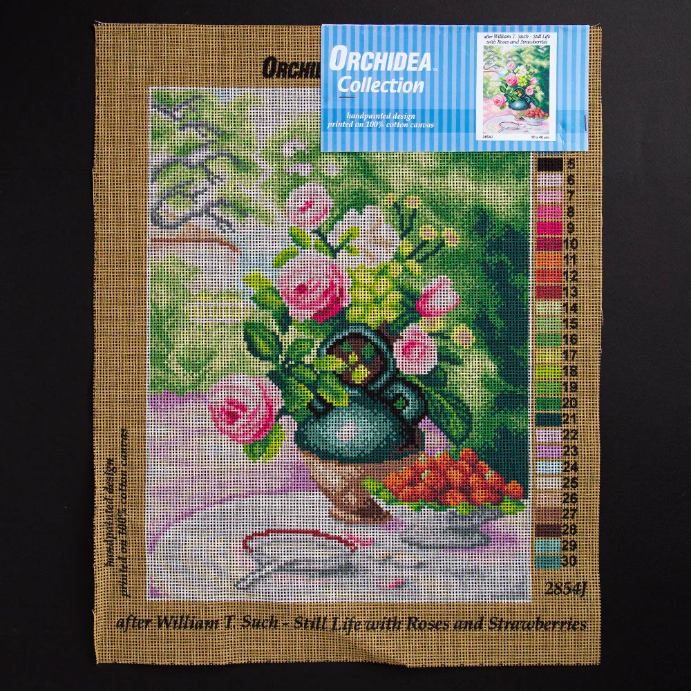 Orchidea 30x40cm Printed Gobelin, William T.Such - Still Life with Roses and Strawberries - 2854J