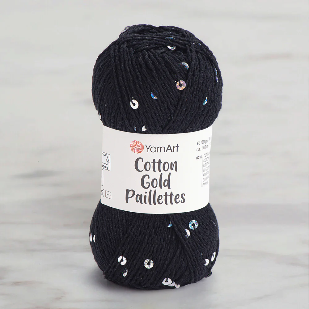 Yarnart Cotton Gold Paillettes Hand Knitting Yarn , Black - 7101