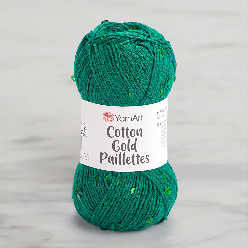 Yarnart Cotton Gold Paillettes Hand Knitting Yarn , Green - 7114