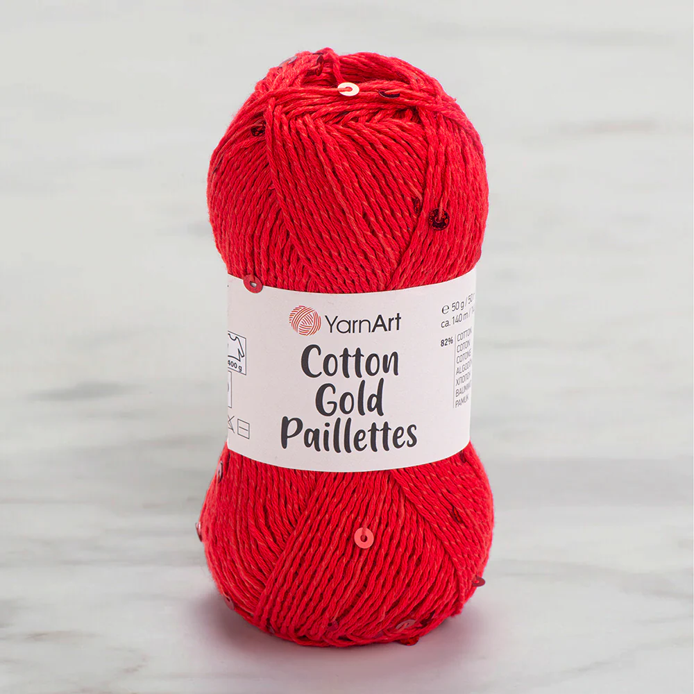 Yarnart Cotton Gold Paillettes Hand Knitting Yarn , Red - 7115